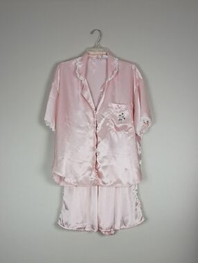 Vintage Pink Satin Pajama Set Lace Trim Coquette Cottagecore Shabby Chic Large